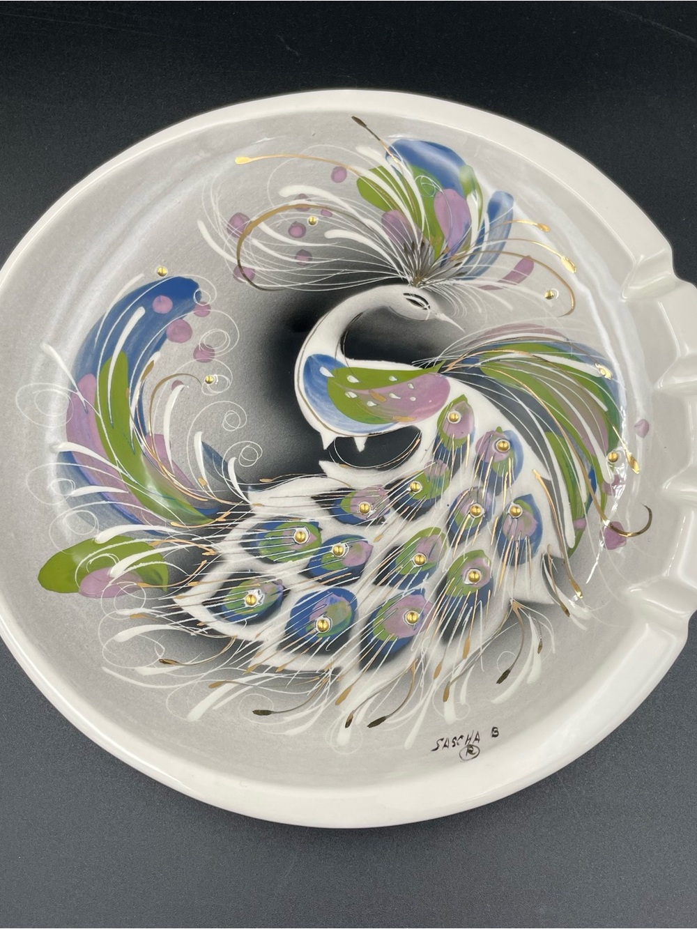 MCM Sascha Brastoff Peacock Ashtray California Pottery D14